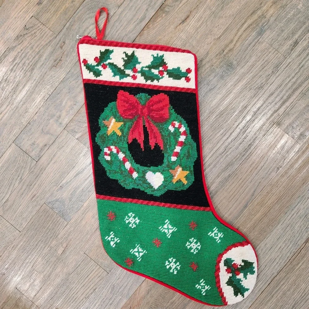 VTG Handmade Wool Needlepoint Holly‎ Wreath Candy Cane Christmas Velvet Stocking